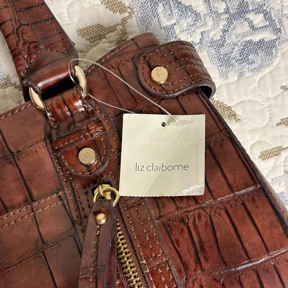 Liz Claiborne Satchel Women Large Brown New Y2K Croc Embossed Faux Leather
